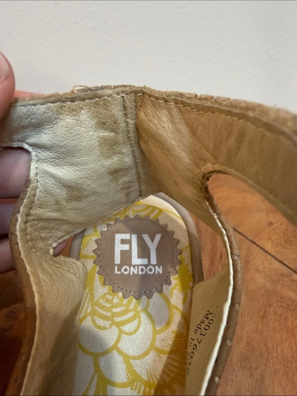 Fly London Tan Perforated Peep-Toe Wedge Sandals with Ankle Strap, Size 36